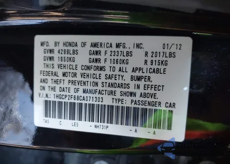 2012 Honda Accord 2.4 Se from USA, damaged, VIN 1HGCP2F68CA071303